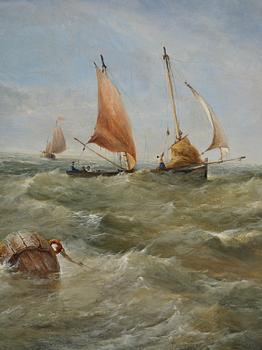 James Edwin Meadows, Sailing boats in rough weather by the coast with a lighthouse.