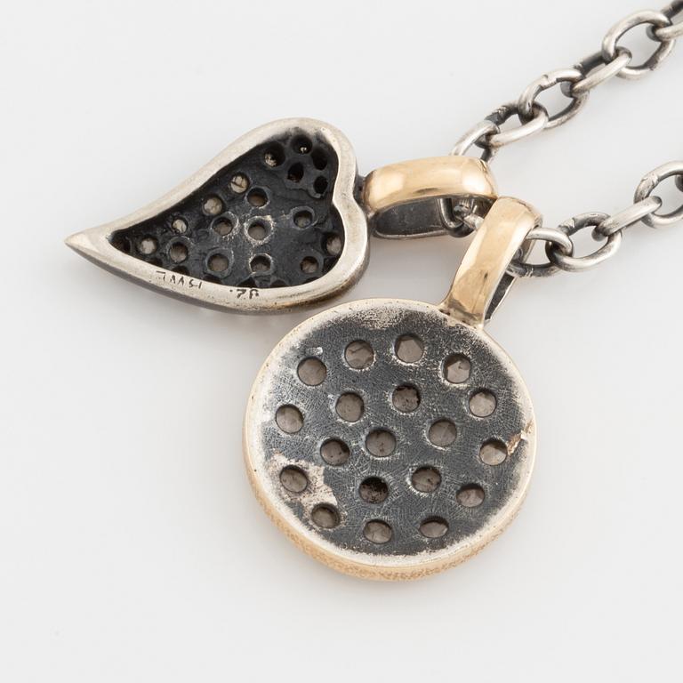 By Birdie, necklace with two pendants, silver with rose cut diamonds.