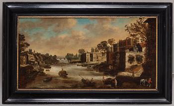 Unknown artist 17/18th Century. River landscape with buildings along the beaches.
