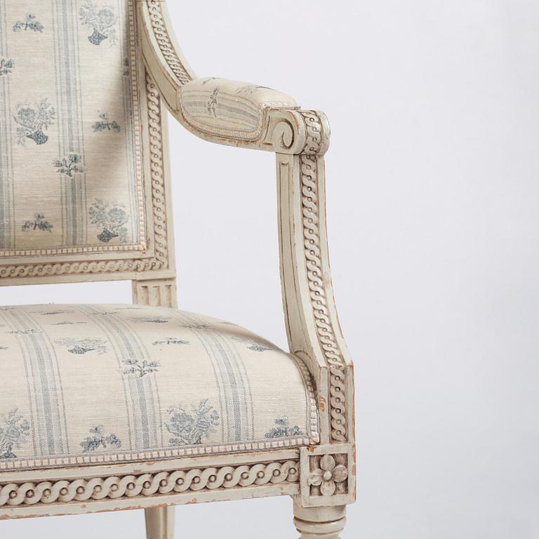 A pair of Gustavian open armchairs by J. Lindgren (master in Stockholm 1770-1800).