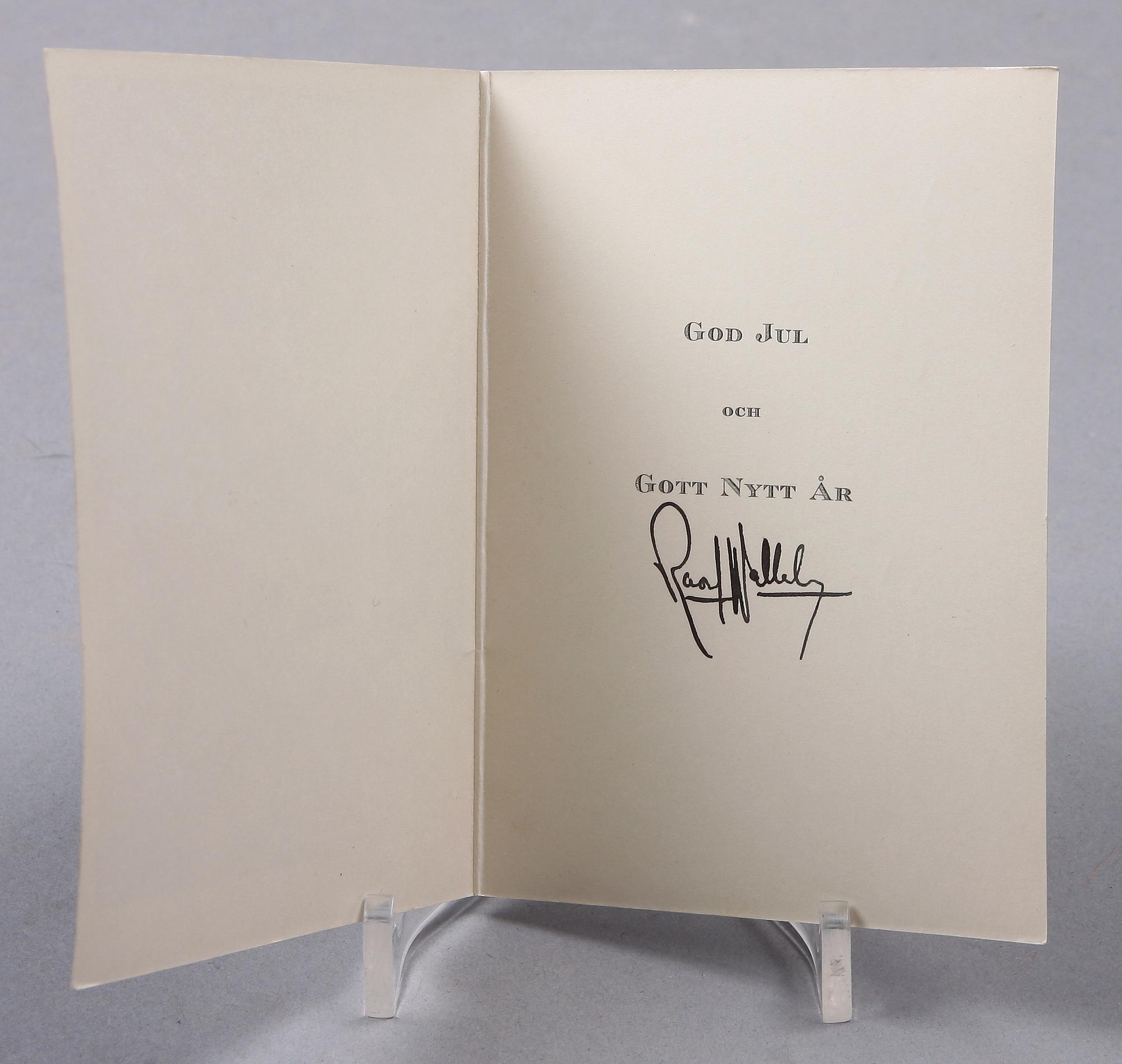 JULKORT SAMT VISITKORT/CHRISTMAS CARD AND BUSINESS CARD, med Raoul Wallenbergs autograf.