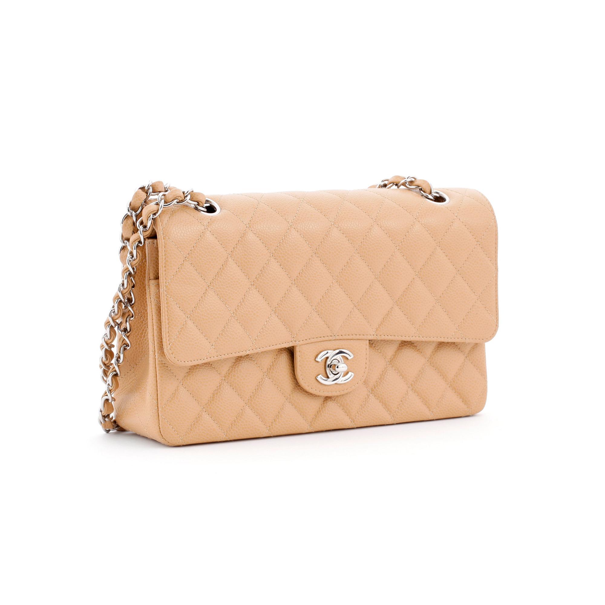 CHANEL, a beige caviar leather "double flap" shoulder bag.