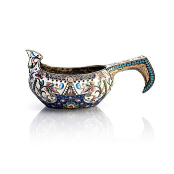 305. A silver and enamel kovsch, maker's mark Maria Semenova, Moscow 1908 - 1917.