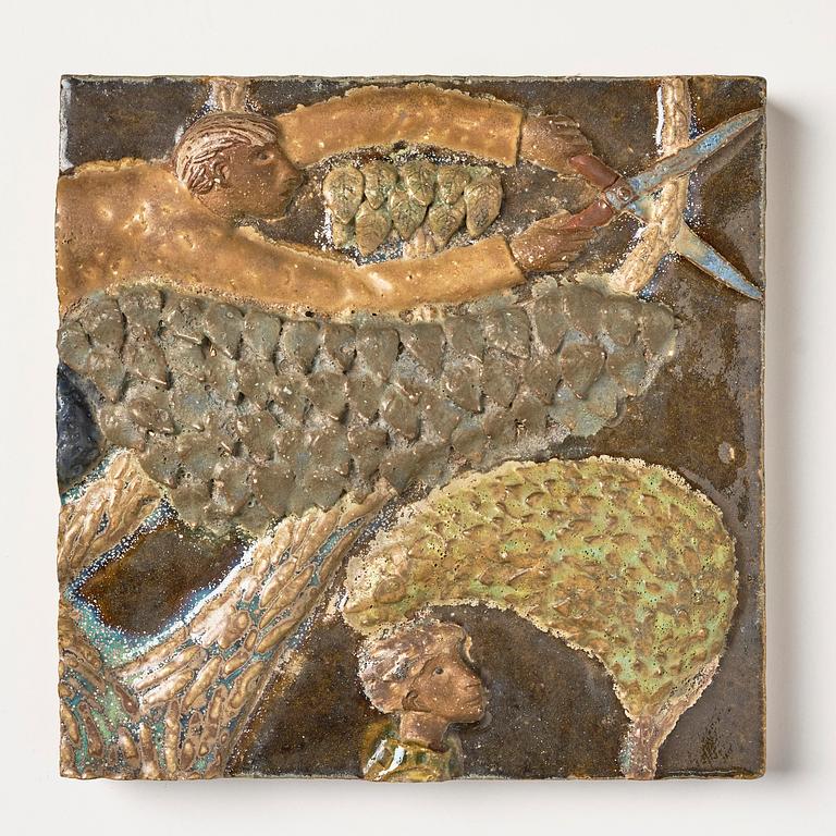 Stig Lindberg, a chamotte stoneware relief, four pieces, Gustavsberg Studio 1940s.