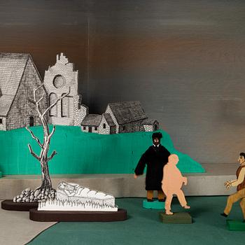 Richard Johansson, object/installation in a wooden cupboard, drawing, painting and mixed media, signed.
