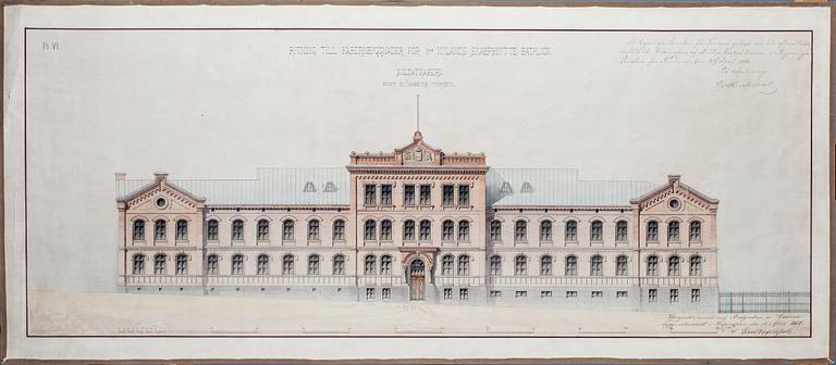 ARKITEKTRITNING, akvarell, daterad 27 april 1882 i Helsingfors.