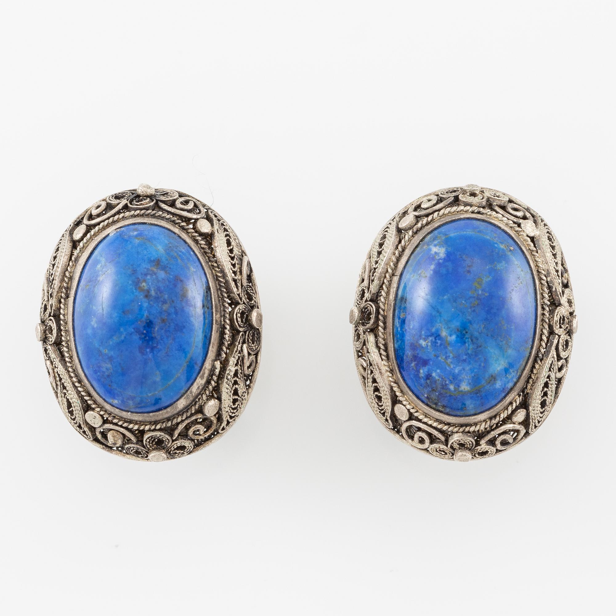 Necklace and earrings, silver with lapis lazuli.