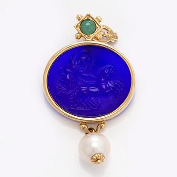 Tagliamonte, hänge, 14K guld, glasintaglio, smaragd samt odlad Akoya pärla, Italien.