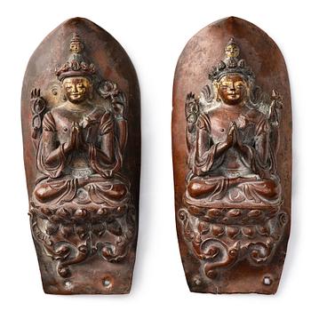 Two copper alloy reliefs of Buddha, Tibeto-Chinese, 16th/17th Century.