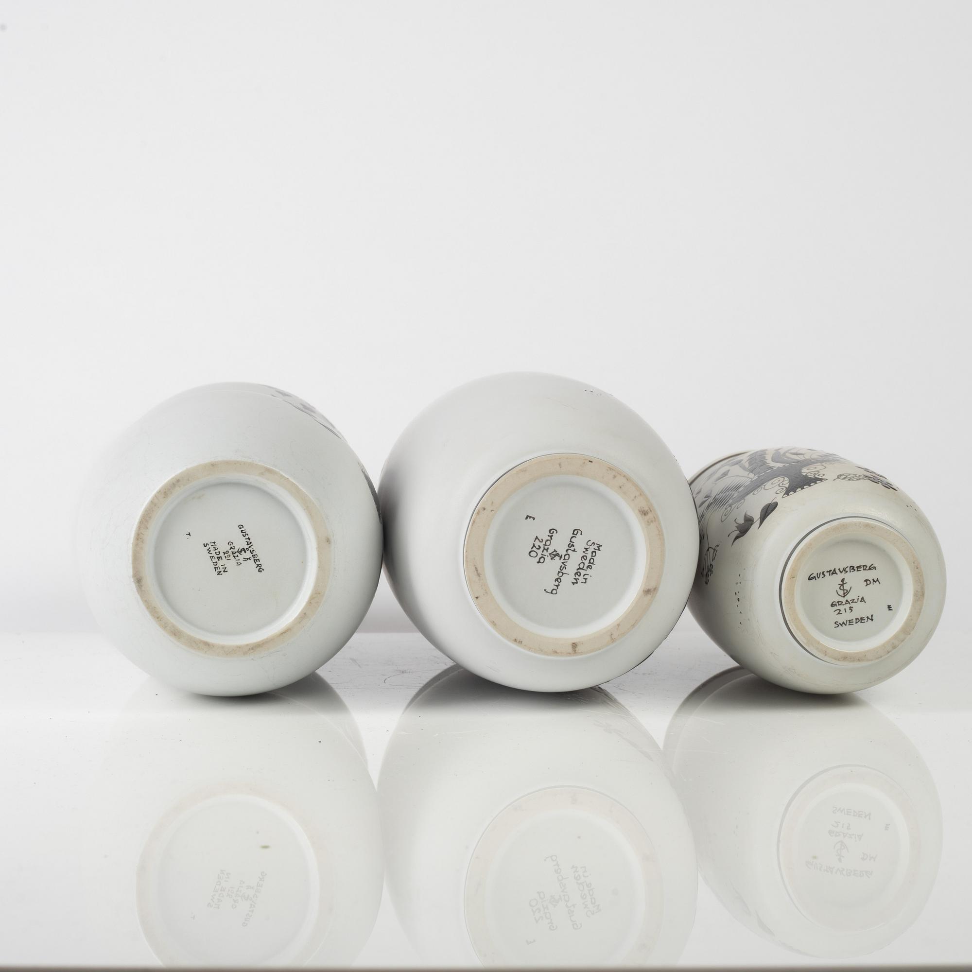 Stig Lindberg, three stoneware "Grazia" vases, Gustavsberg, Sweden, 1951-68.