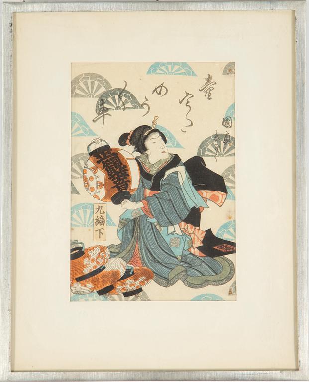 UTAGAWA KUNISADA (TOYOKUNI III) (1786–1864), ALBUMBLAD från BOK, sex blad, färgträsnitt. Japan, 1800-tal.