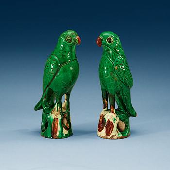 1533. A set of two green glazed falcons, Qing dynasty.