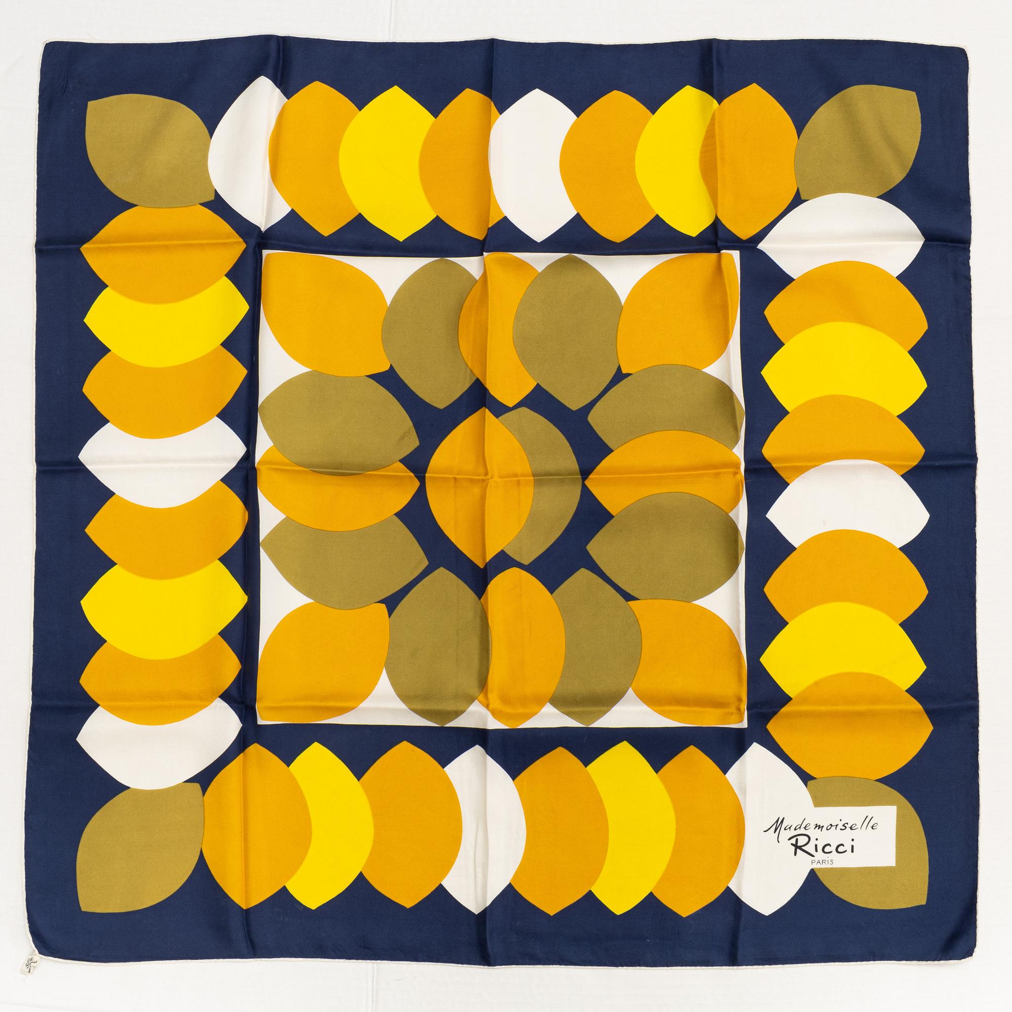 Nina Ricci, five silk scarves.