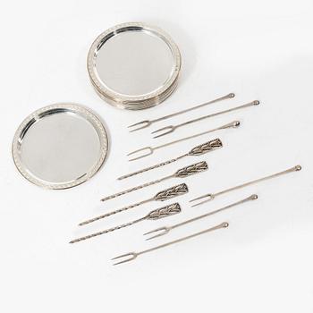 Coasters, 13 pcs, and cocktail sticks, 10 pcs, silver, Sweden, including GAB, Eskilstuna 1973.