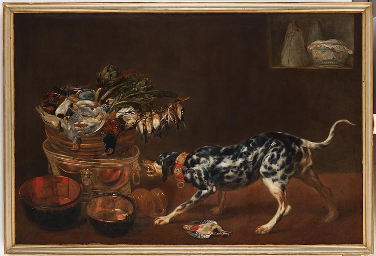 Paul de Vos Attributed to, Kitchen interiör with dog, cat and birds.