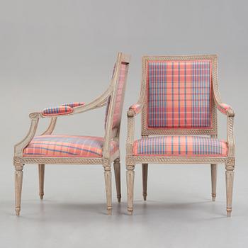 A pair of Gustavian armchairs, by Jakob Malmsten (master in Stockholm 1780-88).