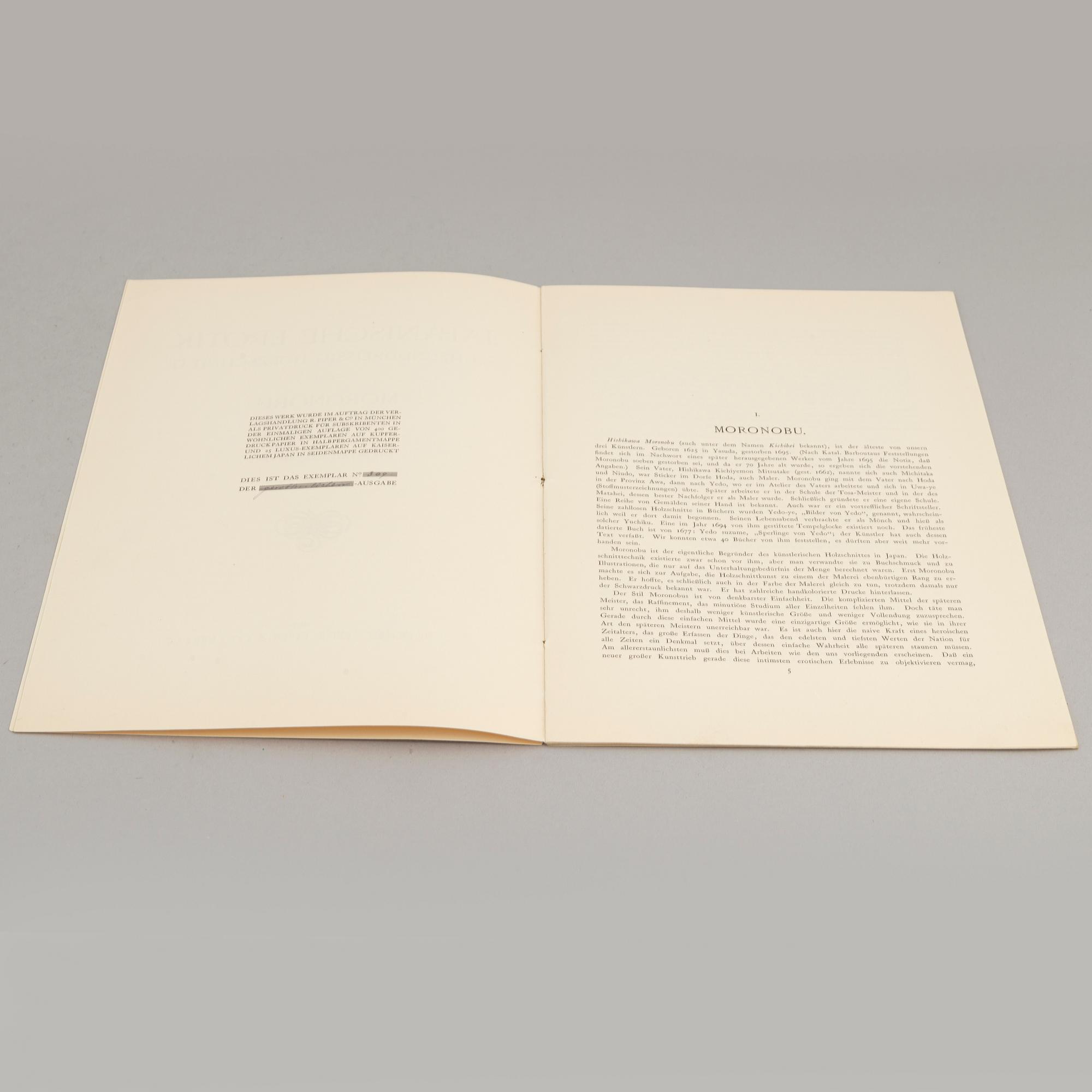 "Japanische Erotik - Sechsunddreissig Holzschnitte von Moronobu, Harunobo, Utamaro. R. Piper & Co. Verlag, München. 1907.