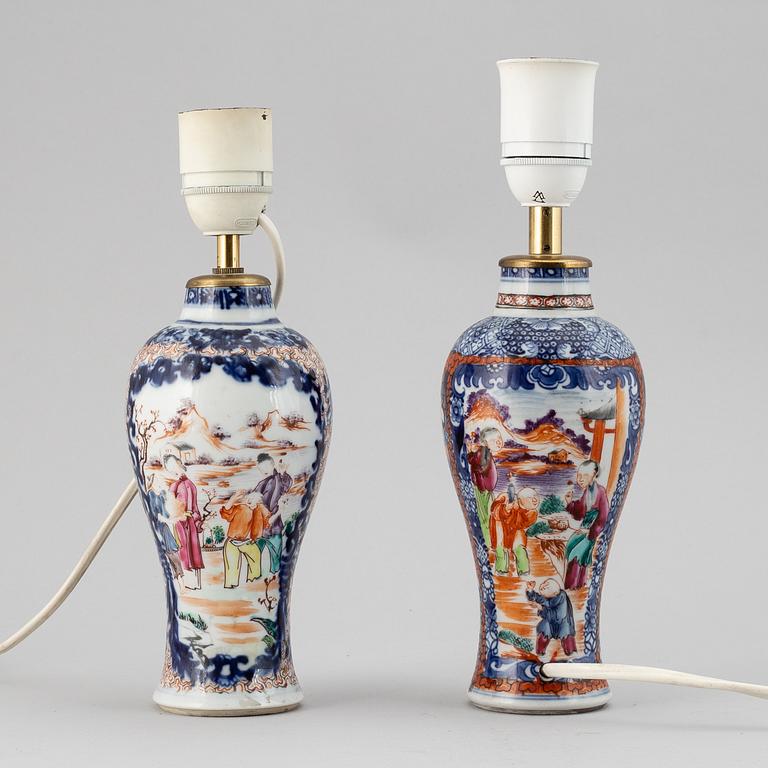 Two famille rose export porcelain vases, turned into table lamps, Qing dynasty, Qianlong (1736-95).