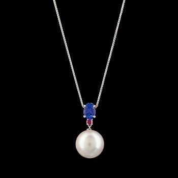 742. A cultured South sea pearl, 15 mm, tanzanite and ruby pendant.