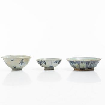 Three blue and white porcelain bowls, China, Ming dynasty (1368-1644).