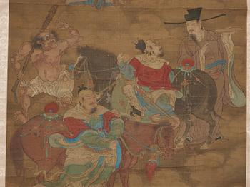 A fine daoist painting of gods holding written spells,  attendants and horsemen, Ming dynasty, 17th century.