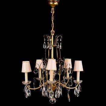 CHANDELIER, brass and glass, middle of the 20th century.