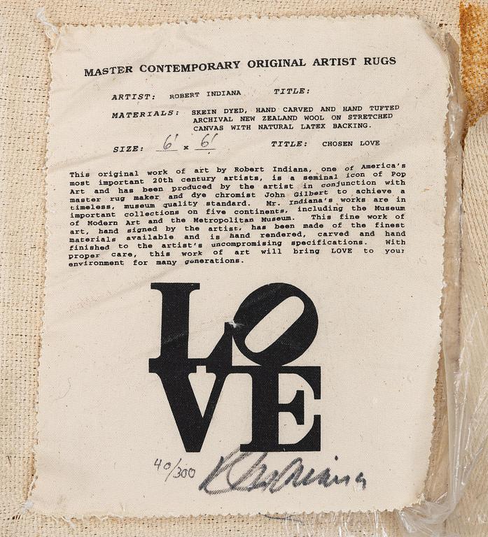 Robert Indiana, a carpet, 'White on Black', Chosen Love, hand tufted, ca 181 x 181 cm.