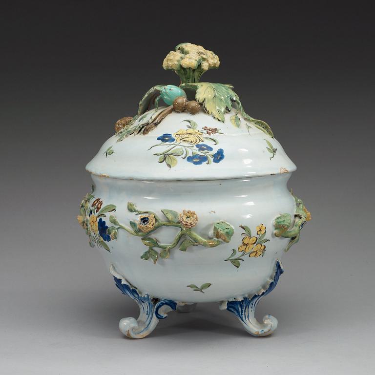A faience tureen with cover, 18th Century, presumably Stralsund.