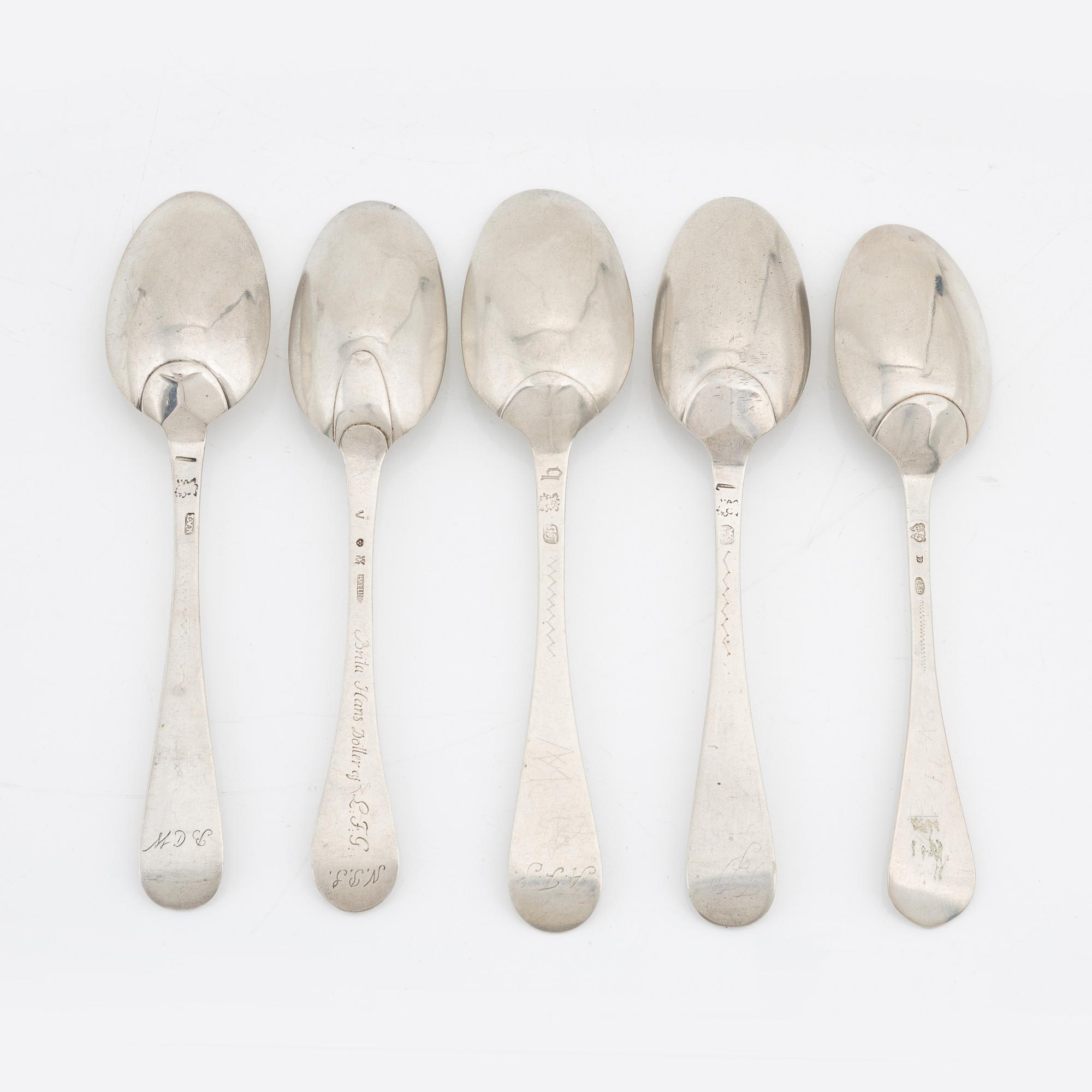 Five swedish silver spoons, 18th century.