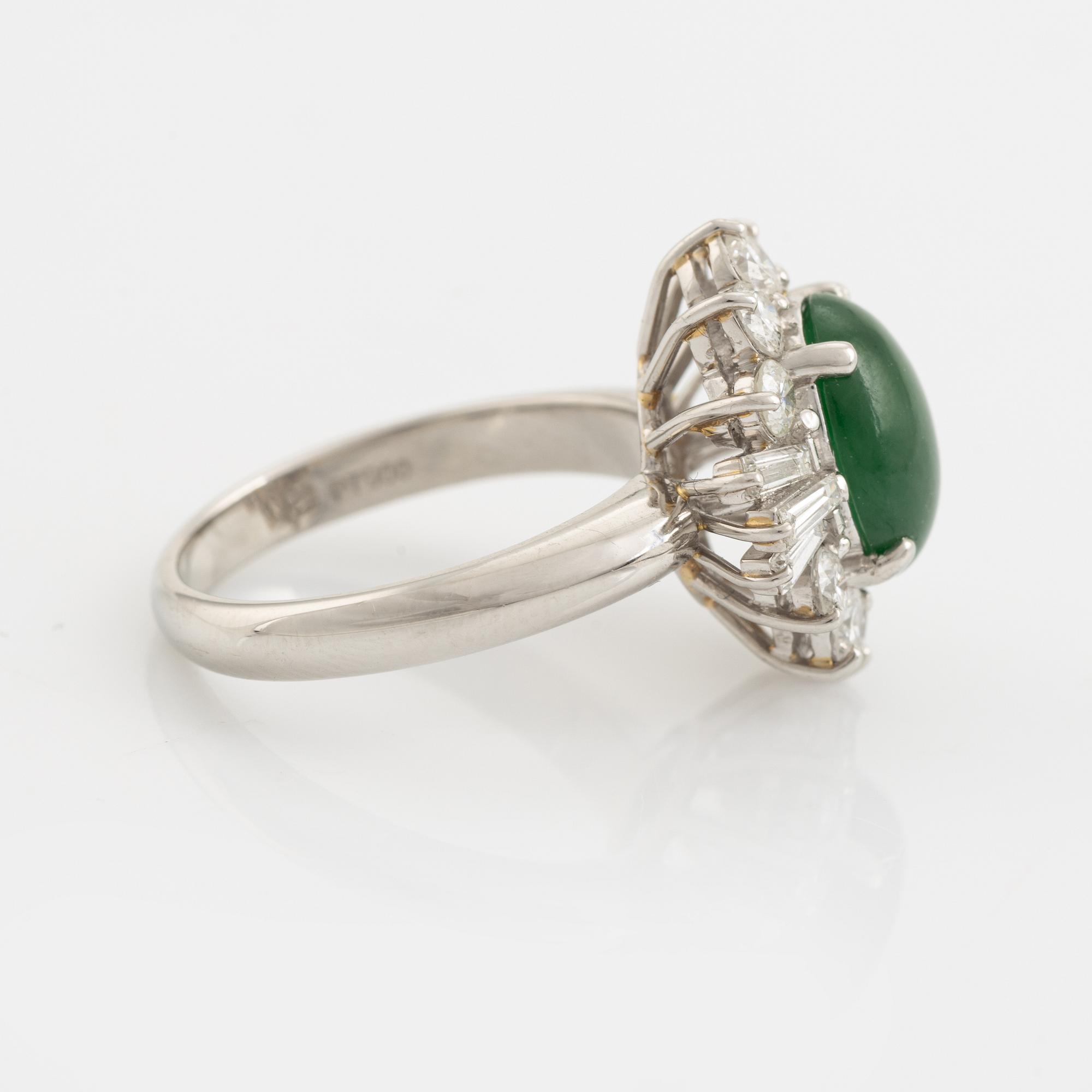 Cabochon jade and baguette and brilliant cut diamond ring.