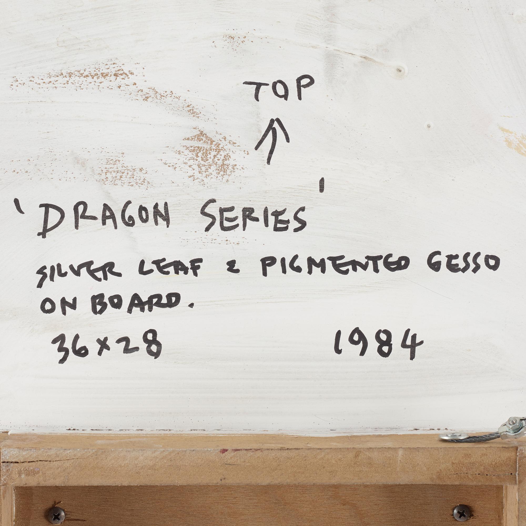 Gordon Hart, signed and dated 1984 on verso. Diptych. Gesso, silver leaf and metal leaf on panel.