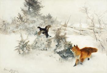 74. Bruno Liljefors, Vinterlandskap med räv och orre.