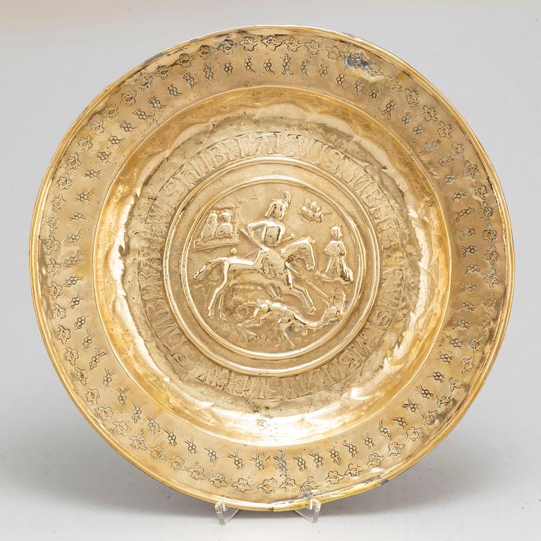 A german brass christening plate,  probably Nuremberg, 16th century.