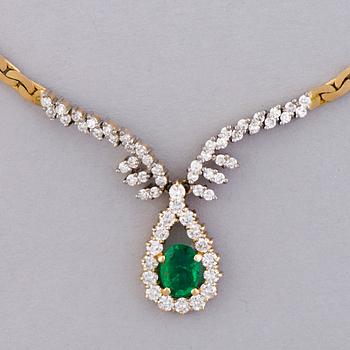 141. A NECKLACE, EARRINGS and RING, facetted emeralds, brilliant cut diamonds, 18K gold. Tillander 1984.