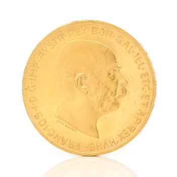 GULDMYNT, 100 Corona, Kejsarriket Österrike-Ungern, 1915. Vikt ca 33 gram.