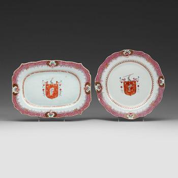 235. Two famille rose armorial serving dishes and a dinner plate, Qing dynasty, Qianlong (1736-95).