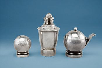 A THREE PIECE SPICE SET. Georg Jensen Denmark. Sterling silver. Total weight including mechanisms 286 g.