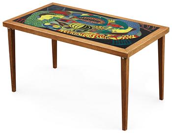 A Stig Lindberg enamel and oak sofa table, Gustavsberg 1950's.