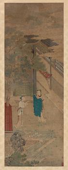 1666. MÅLNING. Sen Qing dynastin (1644-1912). Palatsdamer i trädgård.