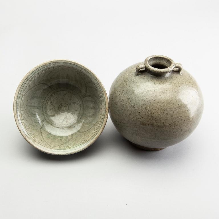 A vase and a celadon bowl, South East Asia, presumably Sukothai, 14th/16th Century.