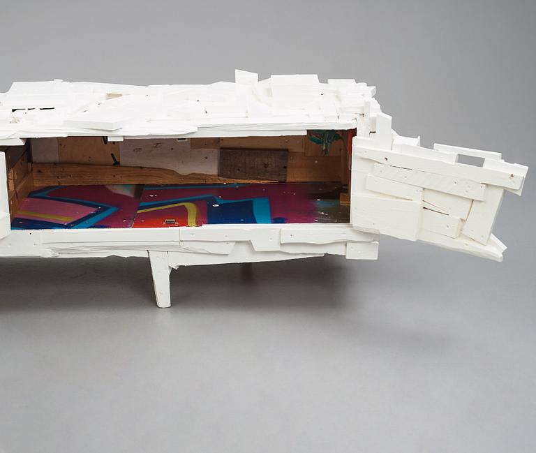Finn Ahlgren, / Godspeed, a unique "trash sideboard", his own studio, Stockholm 2014.