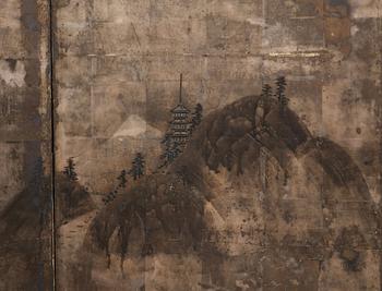 VIKSKÄRM, akvarell och tusch på papper. Japan, Meiji (1868-1912).
