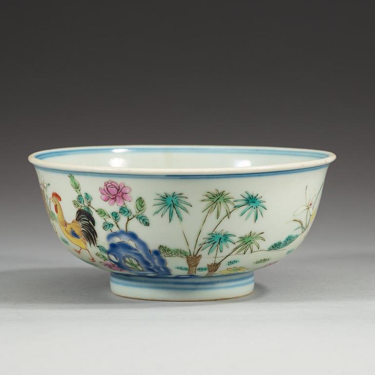 A 'famille rose' Chicken bowl, Qing dynasty (1644-1912), with Qianlong seal mark.