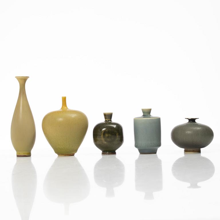 Berndt Friberg, five stoneware miniture vases, Gustavsberg Studio, Sweden, including 1968.