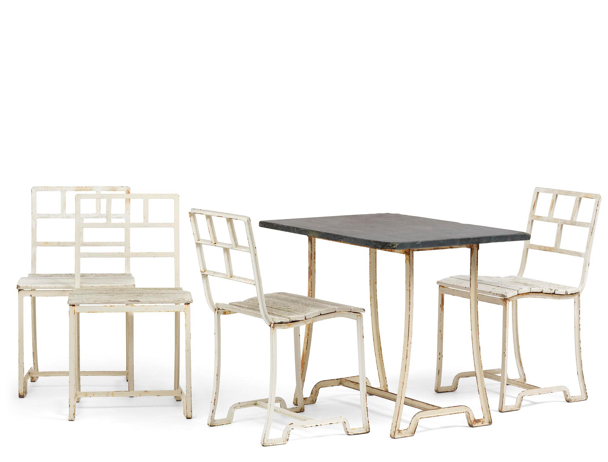 Carl Hörvik, a garden furniture set, a table and four chairs, possibly produced by Thulins vagnfabrik, Skillingaryd, Sweden.