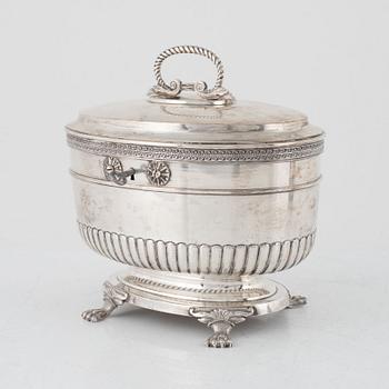 A Swedish 19th century silver sugerbowl, mark of Gustaf Möllenborg, Stockholm 1826, silver sugar tong, mark L.Boye, 1779.