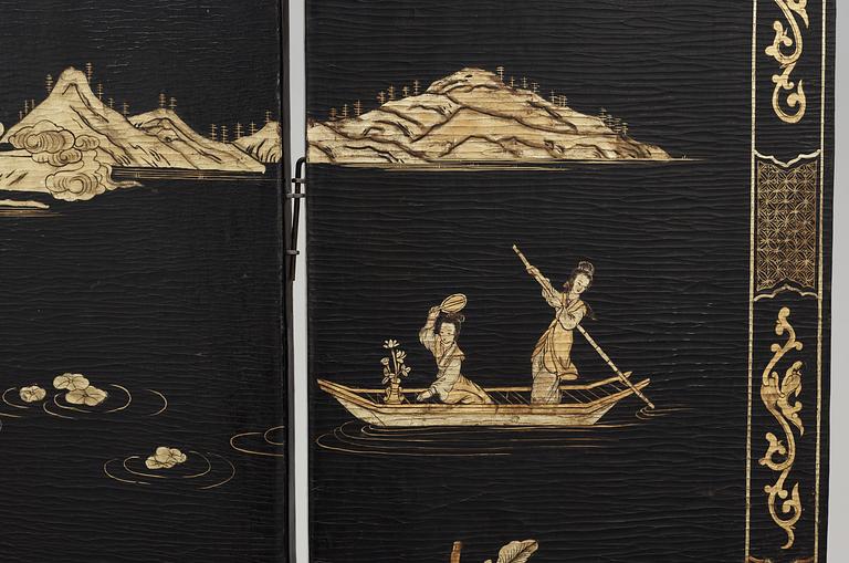 A six panel lacquer screen, Qing dynasty (1644-1911).