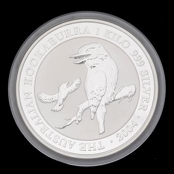 SILVERMYNT, 2004 1 kg Kookaburra-mynt, tillverkare Perth Mint, Australia, silverhalt 999.