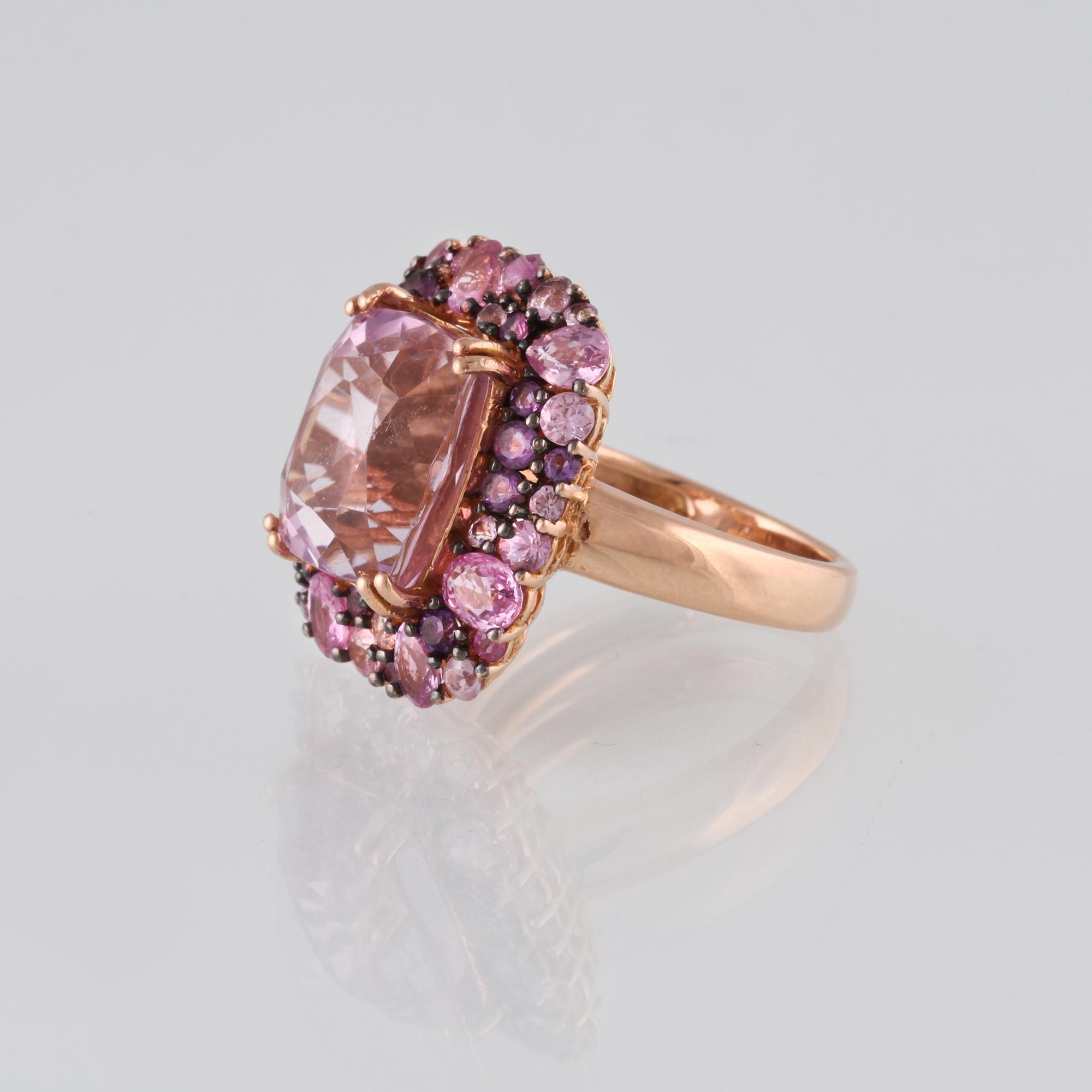 RING, 18K guld med fasettsliapde rosa safirer ca 2.14 ct, ameister ca 0.36 ct samt kunziter ca 9.24. Vikt 8,1 gram.