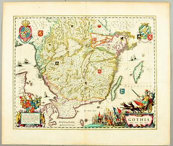 KARTA, kolorerad. "Gothia" J. Blaeu o A. Bureus. 1600/1700-tal.